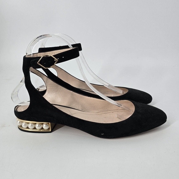 Nicholas Kirkwood Lola Black Velvet Flats Pearl Heel Size 39